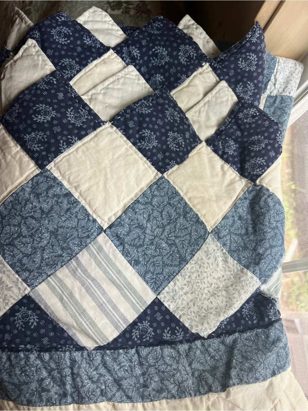 Handmade Patchwork Cotton Quilt in Blue and White